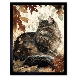 "Artery8 Wall Art Print Maine Coon Cat in Autumn Leaves Modern Watercolour Ink Art Framed in Black - Size: W12"" x H16""" - thumbnail 1