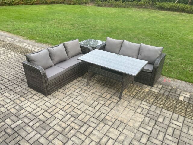 Fimous Rattan Garden Furniture Set with Oblong Rectangular Dining Table 4 Pieces Outdoor Lounge Sofa Set Dark Grey Mixed - image 1
