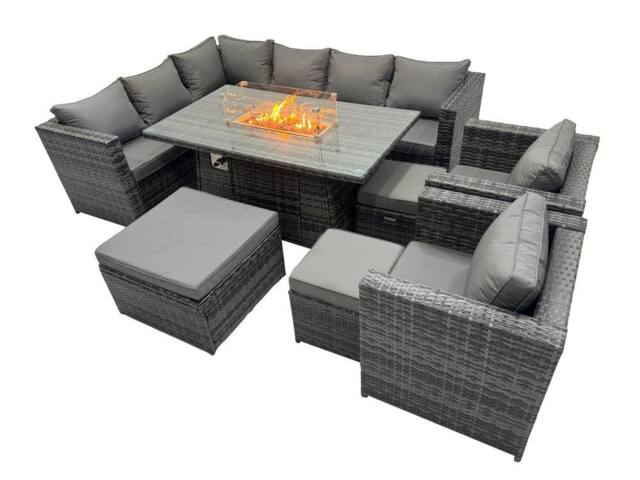 Fimous Rattan Garden Furniture Dining Set 11-seater with 3 Stool in Dark Grey