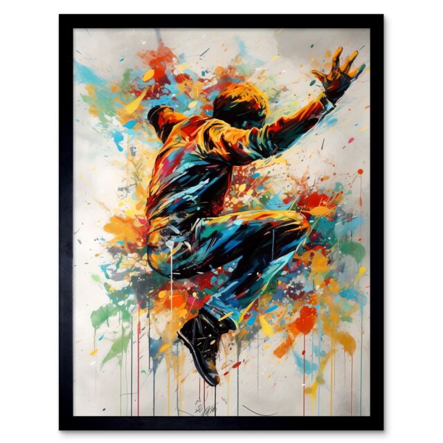 "Artery8 Wall Art Print Freestyle Dancing Street Dance Vibrant Paint Splat Art Framed in Black - Size: W12"" x H16""" - image 1