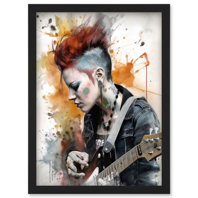 Artery8 Edgy Young Punk Woman with Mohawk & Electric Guitar Modern Watercolour Painting Artwork Framed Wall Art Print A4 in Black - image 1