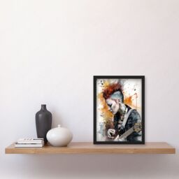 Artery8 Edgy Young Punk Woman with Mohawk & Electric Guitar Modern Watercolour Painting Artwork Framed Wall Art Print A4 in Black - thumbnail 2