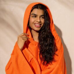OHS Women's Poncho Oversized Hooded Towel Bath Beach Robe in Orange - thumbnail 4