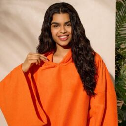 OHS Women's Poncho Oversized Hooded Towel Bath Beach Robe in Orange - thumbnail 3