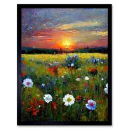 "Artery8 Wall Art Print Wildflower Floral Landscape Sunrise Oil Art Framed in Black - Size: W12"" x H16""" - thumbnail 1
