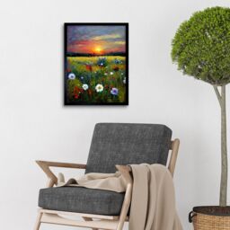 "Artery8 Wall Art Print Wildflower Floral Landscape Sunrise Oil Art Framed in Black - Size: W12"" x H16""" - thumbnail 2