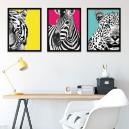 "Wee Blue Coo Wall Art Print Tiger Zebra Leopard Animals Close Up Colourful Black Framed Poster Pack of 3 - Size: W12"" x H16""" - thumbnail 3