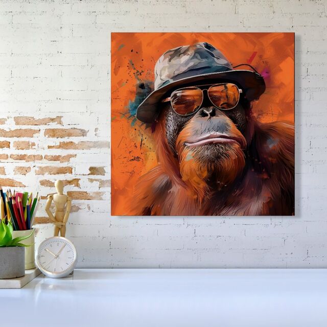 "Warren Reed - Designer Orangutan In Glasses Canvas in Orange - Size: W16"" x H16""" - image 1