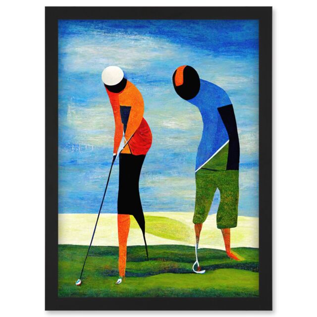 Artery8 Abstract Surreal Modern Golf Golfing Couple Playing Artwork Framed Wall Art Print A4 in Black - image 1