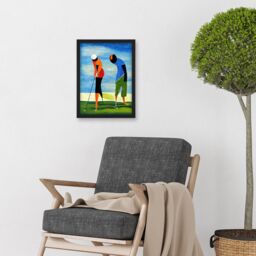 Artery8 Abstract Surreal Modern Golf Golfing Couple Playing Artwork Framed Wall Art Print A4 in Black - thumbnail 2