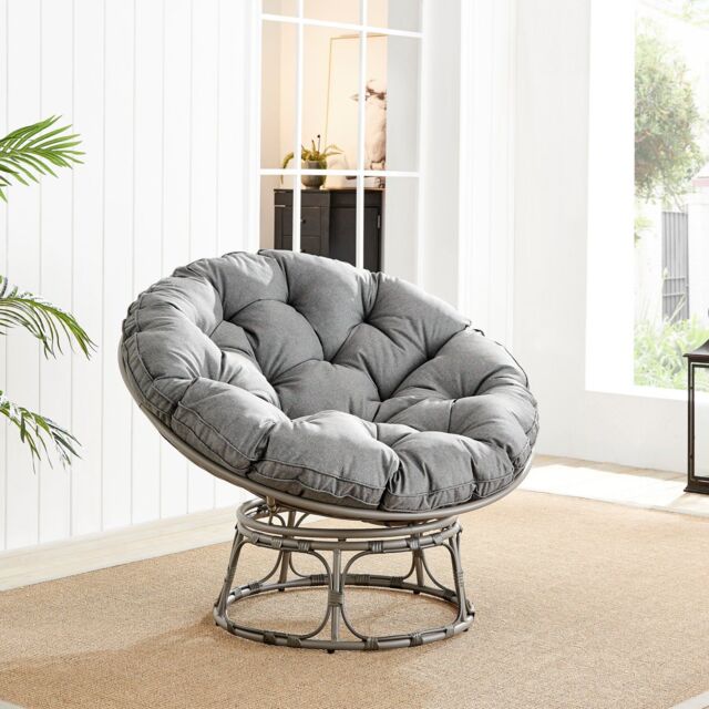 FurnitureboxUK Black Rattan Outdoor Moon Chair in PE Resin Rattan Weave & 10.5cm Thick Grey Cushion - Papasan Garden Chair - image 1