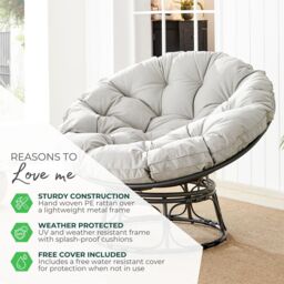 FurnitureboxUK Black Rattan Outdoor Moon Chair in PE Resin Rattan Weave & 10.5cm Thick Grey Cushion - Papasan Garden Chair - thumbnail 9