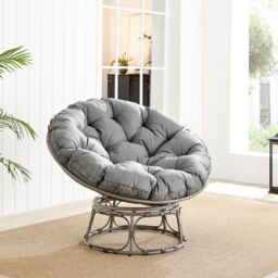 FurnitureboxUK Black Rattan Outdoor Moon Chair in PE Resin Rattan Weave & 10.5cm Thick Grey Cushion - Papasan Garden Chair - thumbnail 1