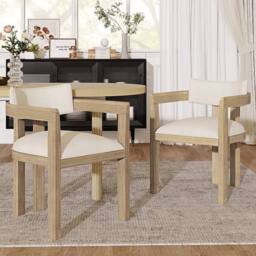 ModernLuxe Solid wood dining chair set with linen upholstery for home & cafe in Natural - Size: 2 Pack