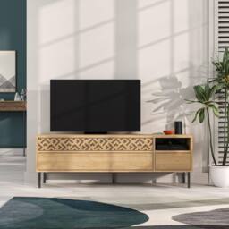 Decortie 'Heaton' TV Stand with Laser-Cut Detail, Three Drawers & Metal Legs in Natural - Size: 2 Pack