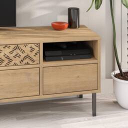 Decortie 'Heaton' TV Stand with Laser-Cut Detail, Three Drawers & Metal Legs in Natural - Size: 2 Pack - thumbnail 5
