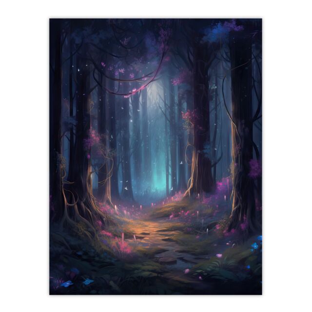 Artery8 Wall Art Print Enchanted Forest w/ Bioluminescent Flowers Oil Painting Pink Blue Green Serene Fantasy Landscape Colourful Magical Nature - image 1