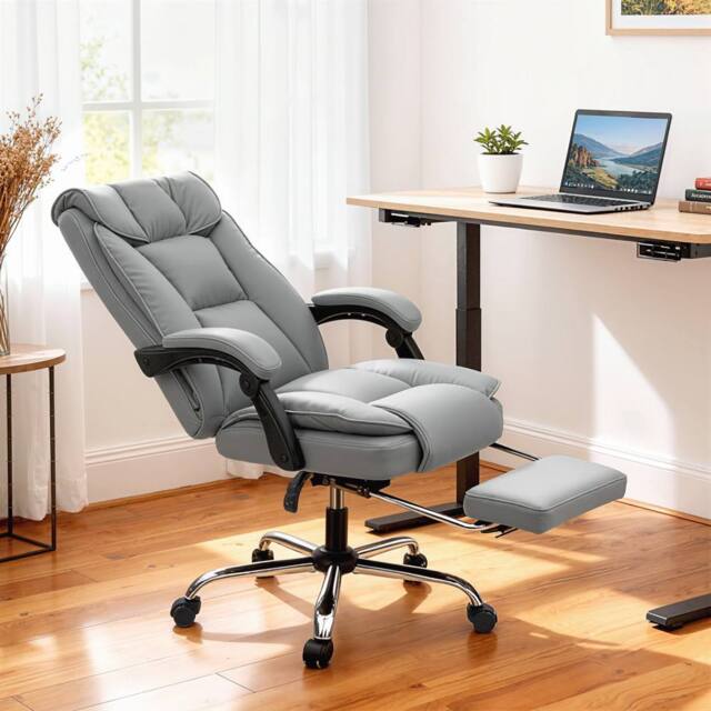 HOMCOM Pet-Friendly Leather Recliner Computer Chair with Footrest in Grey - image 1