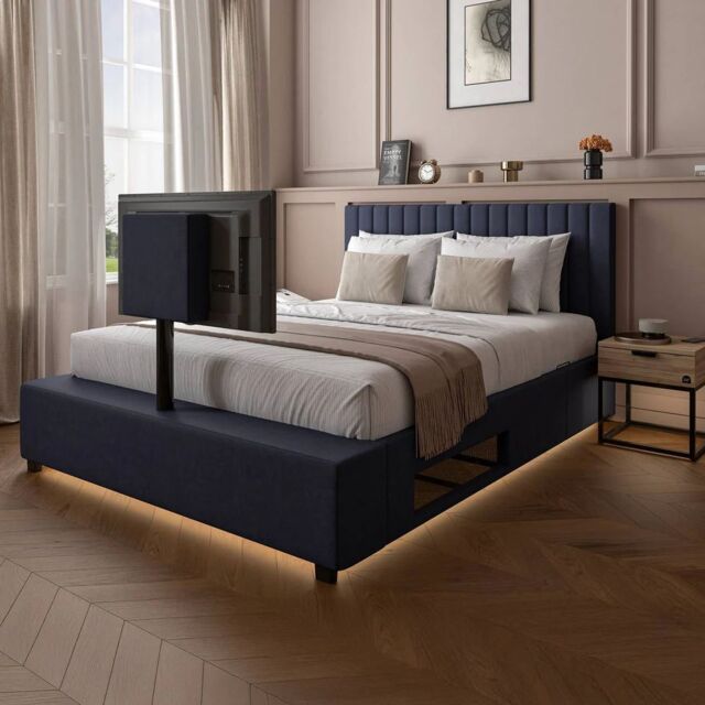 X Rocker Maisie Velvet Upholstered TV Bed with Media Storage & LED Lights in Navy - Size: King - image 1