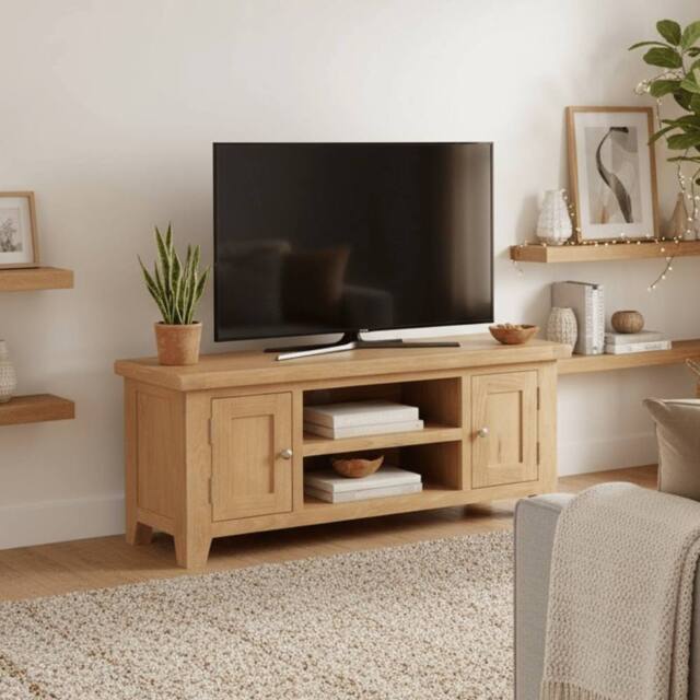 Home Source 2 Doors 2 Shelves TV Stand Media Entertainment Storage Cabinet Wooden in Light Oak - image 1