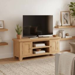 Home Source 2 Doors 2 Shelves TV Stand Media Entertainment Storage Cabinet Wooden in Light Oak