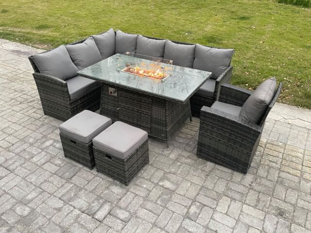 Fimous Rattan Garden Furniture High Back Corner Sofa Gas Fire Pit Dining Table Sets Gas Heater with Armchair 2 Small Footstools in Dark Grey - image 1