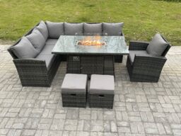 Fimous Rattan Garden Furniture High Back Corner Sofa Gas Fire Pit Dining Table Sets Gas Heater with Armchair 2 Small Footstools in Dark Grey - thumbnail 2
