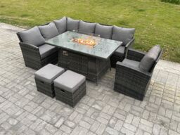 Fimous Rattan Garden Furniture High Back Corner Sofa Gas Fire Pit Dining Table Sets Gas Heater with Armchair 2 Small Footstools in Dark Grey - thumbnail 1