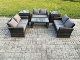 Fimous 6 PCS Outdoor Lounge Sofa Set Wicker PE Rattan Garden Furniture Set with Coffee Table Double Seater Sofa 2 Side Tables in Dark Grey - thumbnail 1