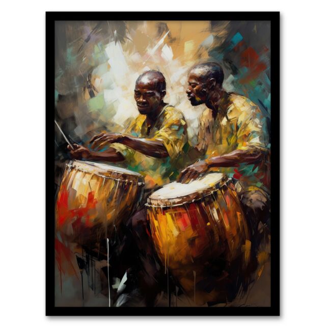 "Artery8 Wall Art Print African Drum Players Oil Painting Orange Yellow Blue Drummer Beat Traditional Music Songs Art Framed - Size: W12"" x H16""" - image 1