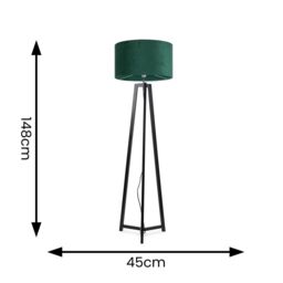 ValueLights Lottie Black Wood Tripod Floor Lamp with Velvet Drum Shade & LED Bulb in Green - thumbnail 4