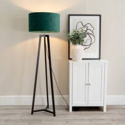 ValueLights Lottie Black Wood Tripod Floor Lamp with Velvet Drum Shade & LED Bulb in Green - thumbnail 1