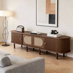 Merax Retro Dark Walnut TV Unit with Tambour Roller Doors for 80 Inch TVs - thumbnail 3