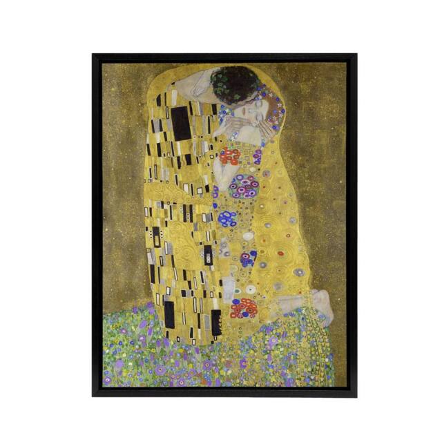 "Artery8 The Kiss Iconic Couple Painting Framed Canvas Wall Art Print Klimt in Gold - Size: W12"" x H16""" - image 1