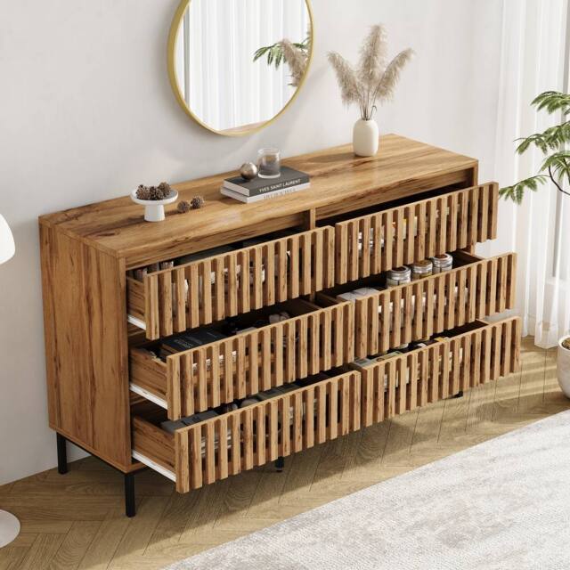 Merax Chest of 6 Drawers, Wooden Sideboard Storage Cabinet with Metal Legs in Natural - image 1