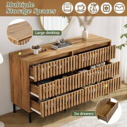 Merax Chest of 6 Drawers, Wooden Sideboard Storage Cabinet with Metal Legs in Natural - thumbnail 5