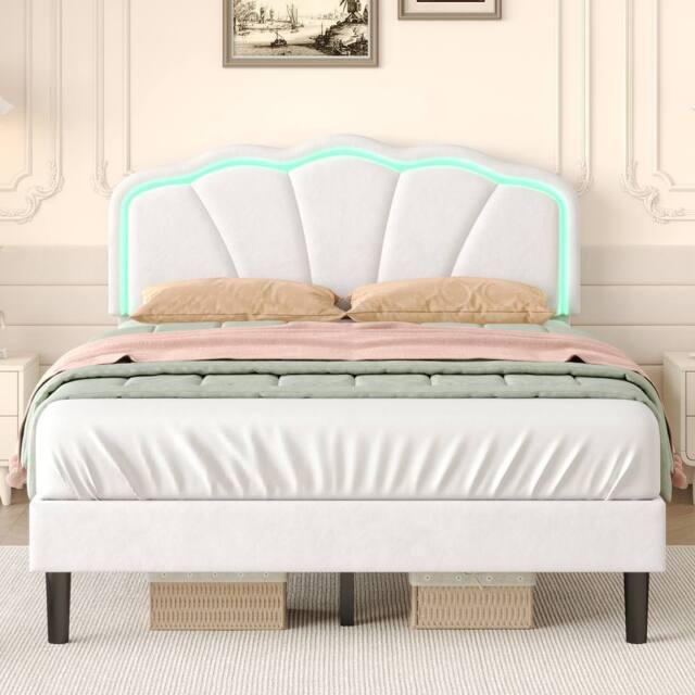 BTM Velvet Upholstered Bed with LED Adjustable Shell Shape Headboard in White - Size: Single - image 1