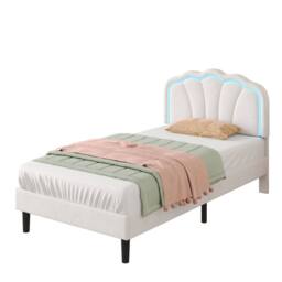 BTM Velvet Upholstered Bed with LED Adjustable Shell Shape Headboard in White - Size: Single - thumbnail 9