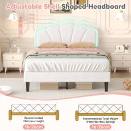 BTM Velvet Upholstered Bed with LED Adjustable Shell Shape Headboard in White - Size: Single - thumbnail 7