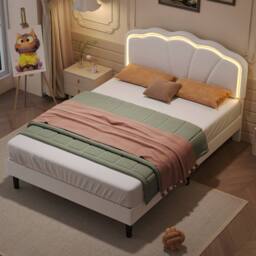 BTM Velvet Upholstered Bed with LED Adjustable Shell Shape Headboard in White - Size: Single - thumbnail 3