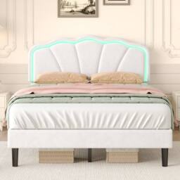 BTM Velvet Upholstered Bed with LED Adjustable Shell Shape Headboard in White - Size: Single - thumbnail 1
