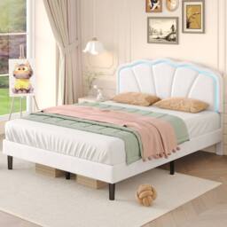 BTM Velvet Upholstered Bed with LED Adjustable Shell Shape Headboard in White - Size: Single - thumbnail 2