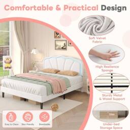 BTM Velvet Upholstered Bed with LED Adjustable Shell Shape Headboard in White - Size: Single - thumbnail 4