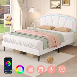 BTM Velvet Upholstered Bed with LED Adjustable Shell Shape Headboard in White - Size: Single - thumbnail 6
