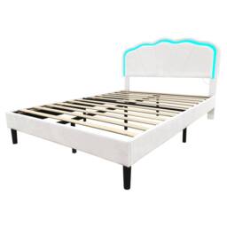 BTM Velvet Upholstered Bed with LED Adjustable Shell Shape Headboard in White - Size: Single - thumbnail 8