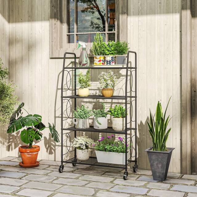 OUTSUNNY 4-Tier Metal Plant Stand, Plants Display Rack with Lockable Wheels in Black - image 1