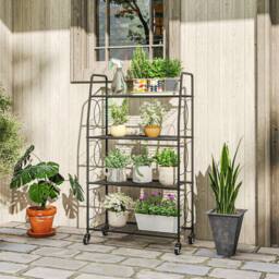 OUTSUNNY 4-Tier Metal Plant Stand, Plants Display Rack with Lockable Wheels in Black - thumbnail 1