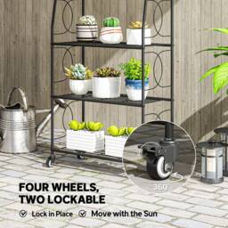 OUTSUNNY 4-Tier Metal Plant Stand, Plants Display Rack with Lockable Wheels in Black - thumbnail 5