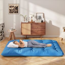 Costway Foldable Tatami Mat Floor Futon Mattress Roll up Sleeping Pad with Washable Cover, Small Double/Double/King Size in Navy - thumbnail 3