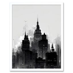 "Artery8 Wall Art Print Skyscraper Cityscape Charcoal Black White Art Framed - Size: W12"" x H16"""
